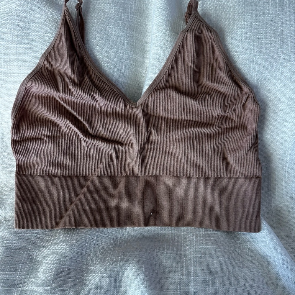 Ribbed V-Neck Crop Bralette in Cocoa Brown
